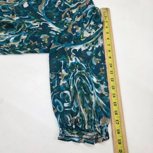 Womens PL Blue Green Sheer Blouse Ruffle Hem Smocked Boho Lightweight Top - Picture 15 of 15